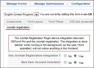 RSForm!Pro Joomla! registration - back-end area